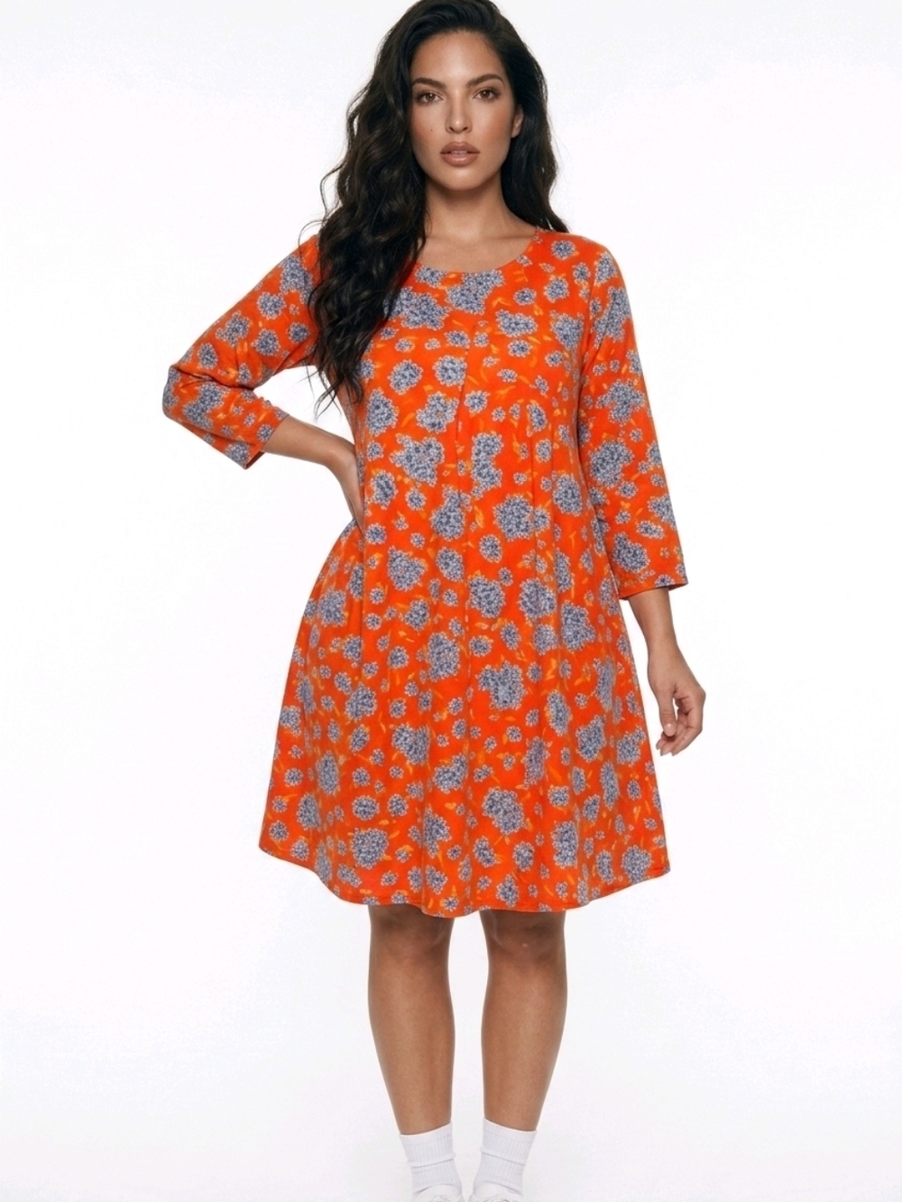 Reborn FLORAL SWING DRESS WITH 2 POCKETS Orange Blue White Flowers Size LARGE